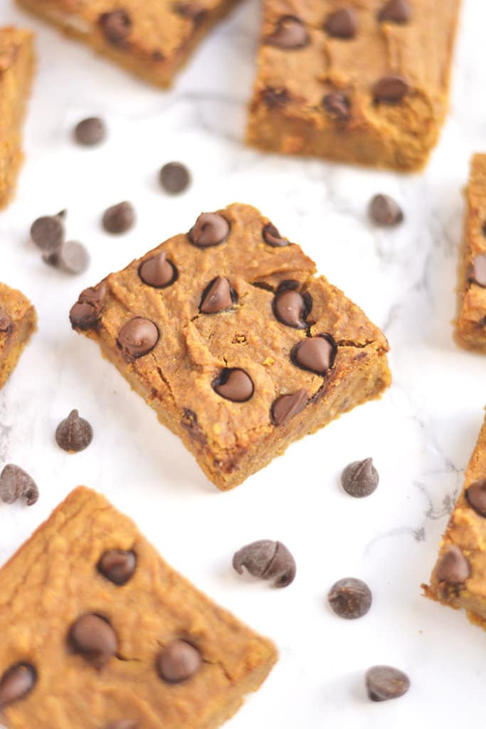 Chickpea Pumpkin Chocolate Protein Bars packed with protein & taste like pumpkin pie! Made with garbanzo beans, these ultra creamy bars are an easy blend & bake snack any will love. Gluten Free + Low Calorie 