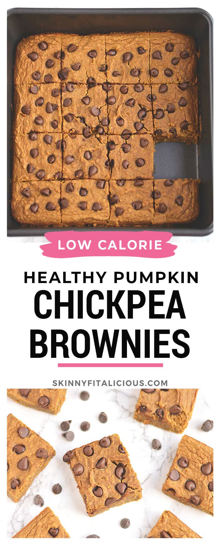 Chickpea Pumpkin Chocolate Protein Bars are low calorie, packed with protein and taste like pumpkin pie! Made with garbanzo beans, these ultra creamy bars are an easy blend and bake snack anyone will love. Gluten Free + Low Calorie