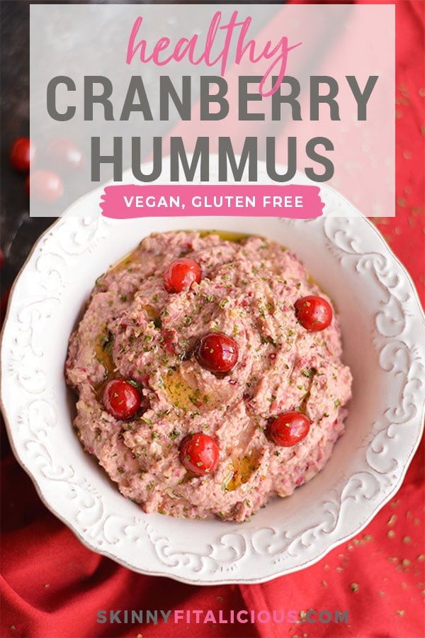 Spice things up with a Cranberry Hummus! This twist on traditional hummus makes a tasty holiday appetizer or winter snack and guaranteed to add a kick to your plate! Gluten Free + Low Calorie + Vegan