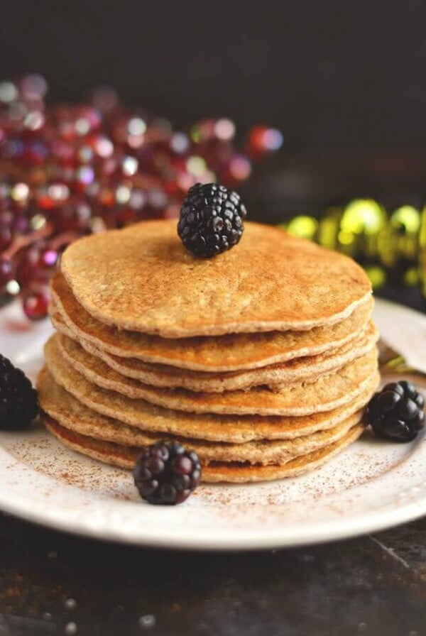 Bursting with winter spices, these Gingerbread Protein Pancakes are cozy, comforting & healthy! A seasonal protein packed breakfast that's easy & delicious! Gluten Free + Low Calorie + Dairy Free