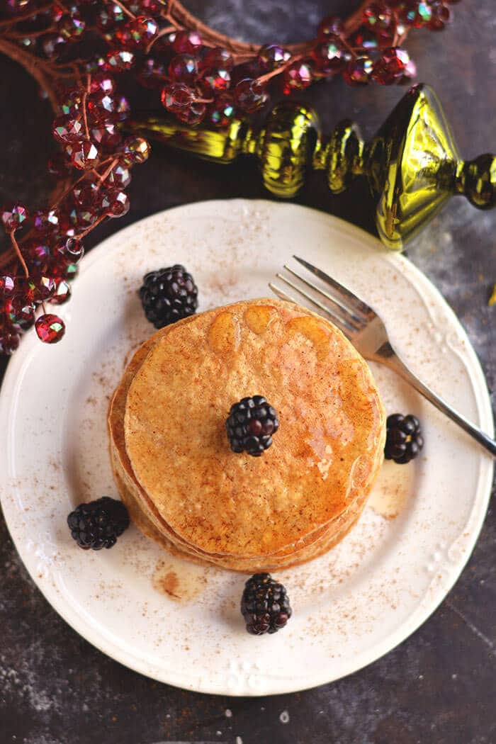 Bursting with winter spices, these Gingerbread Protein Pancakes are cozy, comforting & healthy! A seasonal protein packed breakfast that's easy & delicious! Gluten Free + Low Calorie + Dairy Free