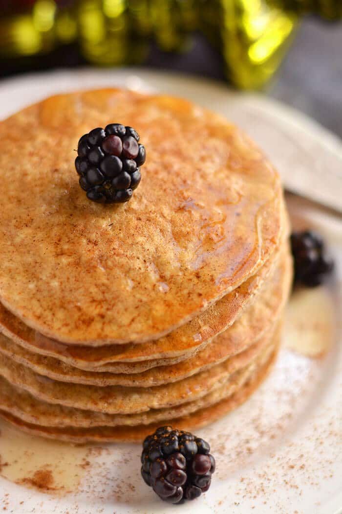 Bursting with winter spices, these Gingerbread Protein Pancakes are cozy, comforting & healthy! A seasonal protein packed breakfast that's easy & delicious! Gluten Free + Low Calorie + Dairy Free