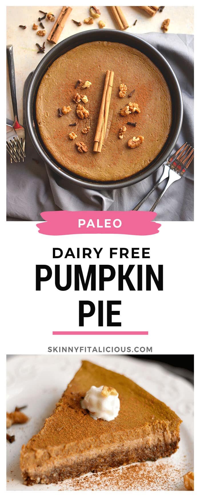 This Healthy Pumpkin Pie made with an addicting walnut date crust and topped with pumpkin custard is super easy to make and so delicious you won't want to share! What pumpkin pie dreams are made of!  Gluten Free + Low Calorie + Paleo