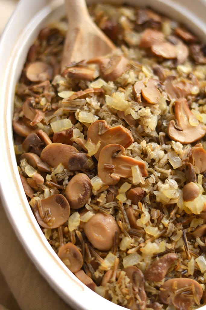 This Classic & Healthy Wild Rice Casserole is made with mushrooms & onions. A hearty vegetarian or side dish that's easy to make & guaranteed to please a crowd. Gluten Free + Low Calorie + Vegan