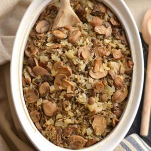 This Classic & Healthy Wild Rice Casserole is made with mushrooms & onions. A hearty vegetarian or side dish that's easy to make & guaranteed to please a crowd. Gluten Free + Low Calorie + Vegan