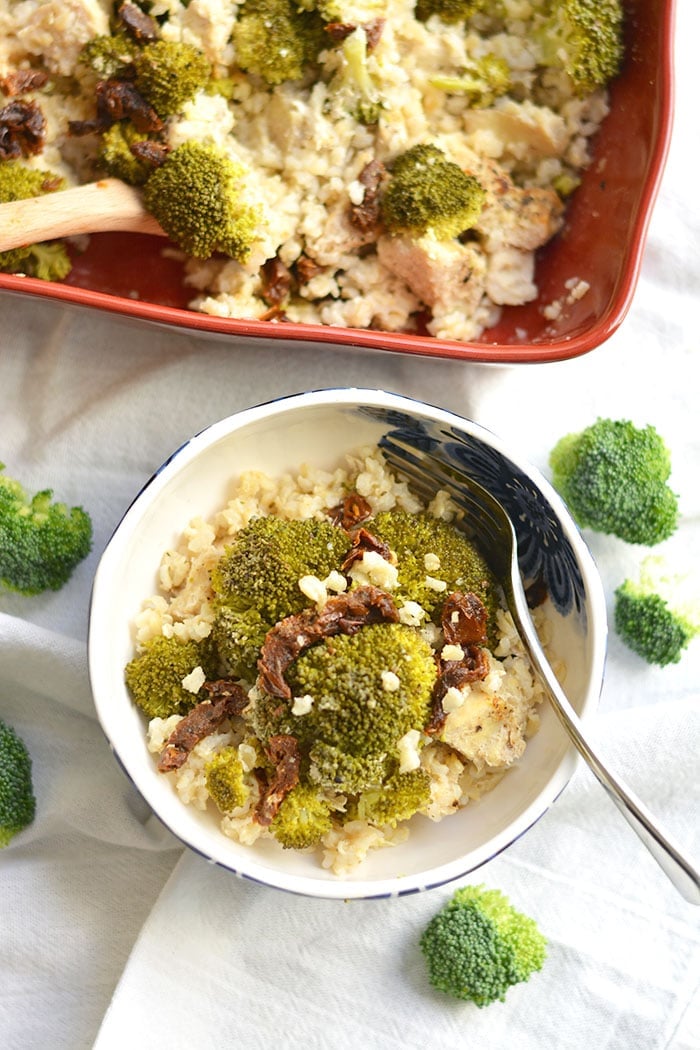 One Pan Chicken Broccoli Brown Rice Casserole flavored with sun-dried tomatoes and garlic, is a healthy and flavorful meal that involves almost no cleanup! A meal that can be prepped in advance making weeknight dinners a breeze. Gluten Free + Low Calorie