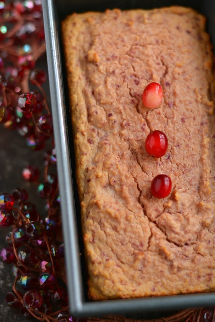 Skinny Cranberry Coconut Bread made low in sugar with healthy, wholesome ingredients. The perfect thick & chewy bread to celebrate the holidays, and makes a great gift! Gluten Free + Low Calorie + Paleo