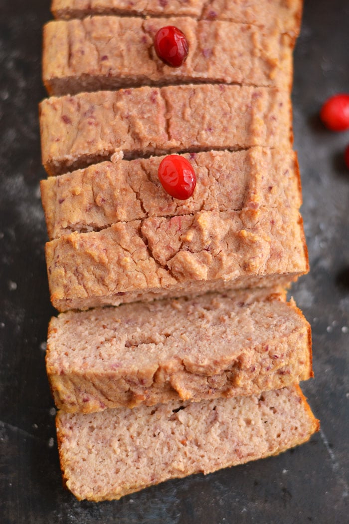 Skinny Cranberry Coconut Bread made low in sugar with healthy, wholesome ingredients. The perfect thick & chewy bread to celebrate the holidays, and makes a great gift! Gluten Free + Low Calorie + Paleo