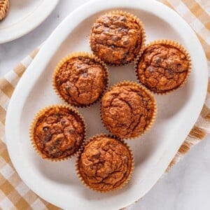 Pumpkin oatmeal muffins on a plate.