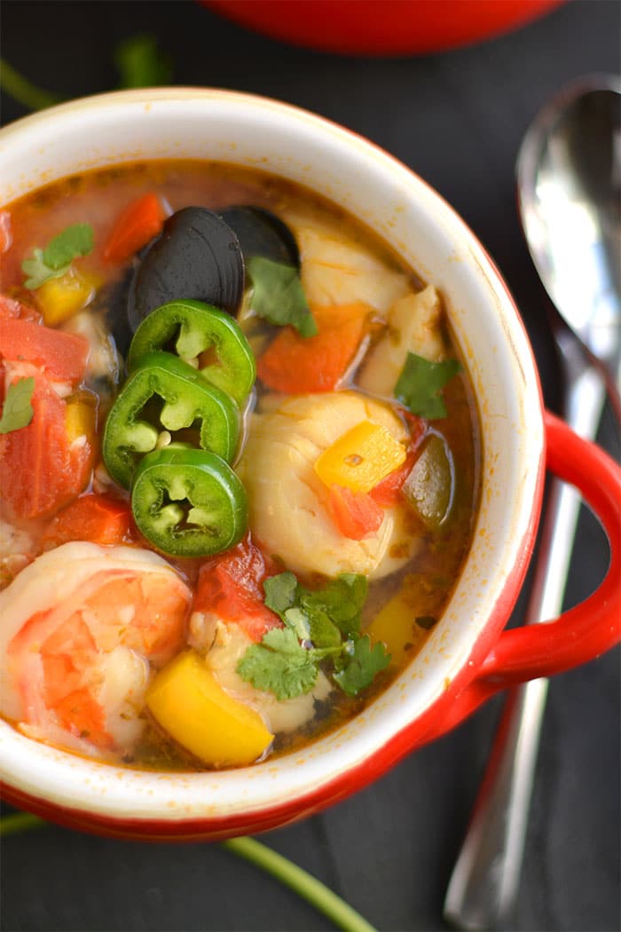 This Seafood Chili is hearty & healthy with a kick of spice. The perfect comforting meal for a cold day that's easy to make & warms the soul! Gluten Free + Low Calorie + Paleo