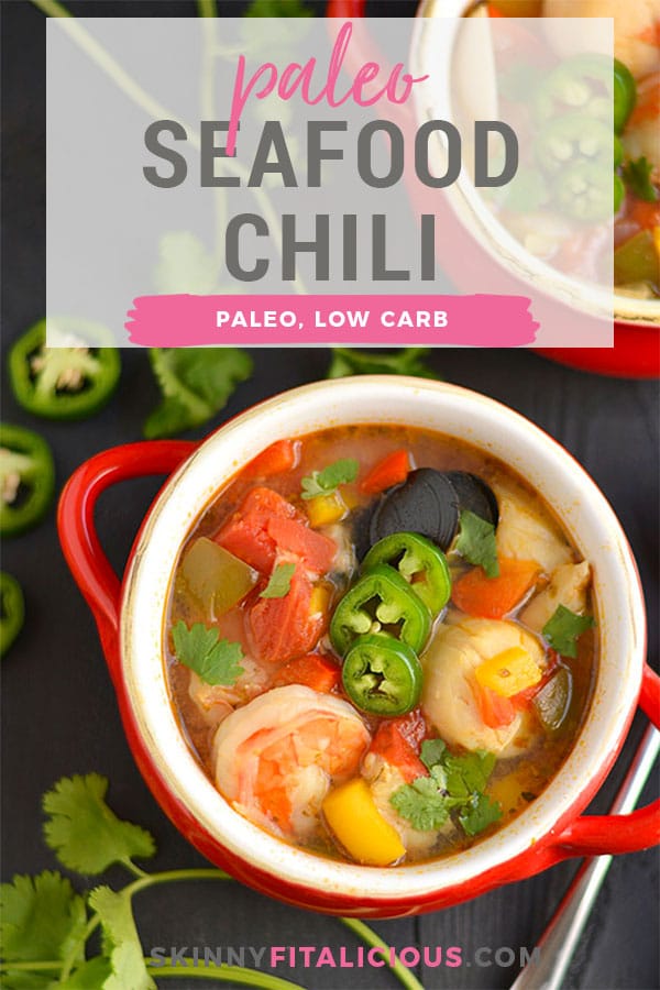 This Seafood Chili is hearty & healthy with a kick of spice. The perfect comforting meal for a cold day that warms the soul & takes 30 minutes to make! Gluten Free + Low Calorie + Paleo