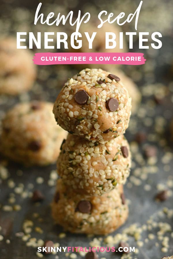 Hemp Seed Energy Bites made with creamy nut butter, chocolate & oat flour. High in omega-3 & low in sugar, a healthy 125 calorie snack perfect for on the go! Gluten Free + Low Calorie + Vegan