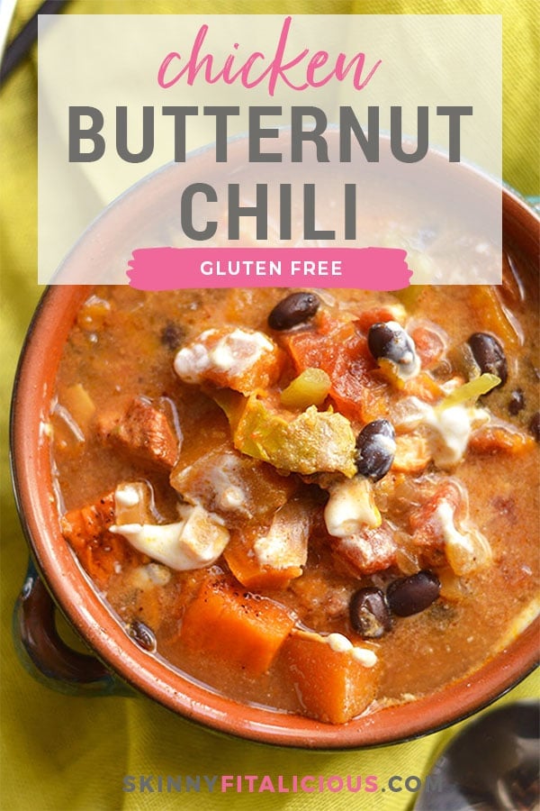 Crockpot Butternut Chicken Chili with Black Beans! This protein packed chili made easy in the crockpot fills your kitchen with wonderful flavors & your stomach with nourishing, healthy ingredients! Gluten Free + Low Calorie