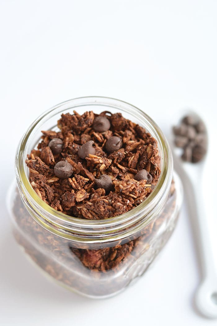 Wholesome Skinny Chocolate Granola with chia seeds! A crunchy breakfast or snack to satisfy you when a chocolate craving hits! Gluten Free + Low Calorie + Vegan