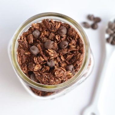 Wholesome Skinny Chocolate Granola with chia seeds! A crunchy breakfast or snack to satisfy you when a chocolate craving hits! Gluten Free + Low Calorie + Vegan