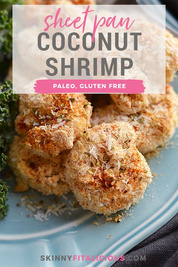 One Pan Baked Coconut Shrimp! Crispy, crunchy, spicy shrimp baked to perfection on a sheet pan. A "breaded" shrimp recipe that's healthy and grain free. Gluten Free + Low Calorie + Paleo
