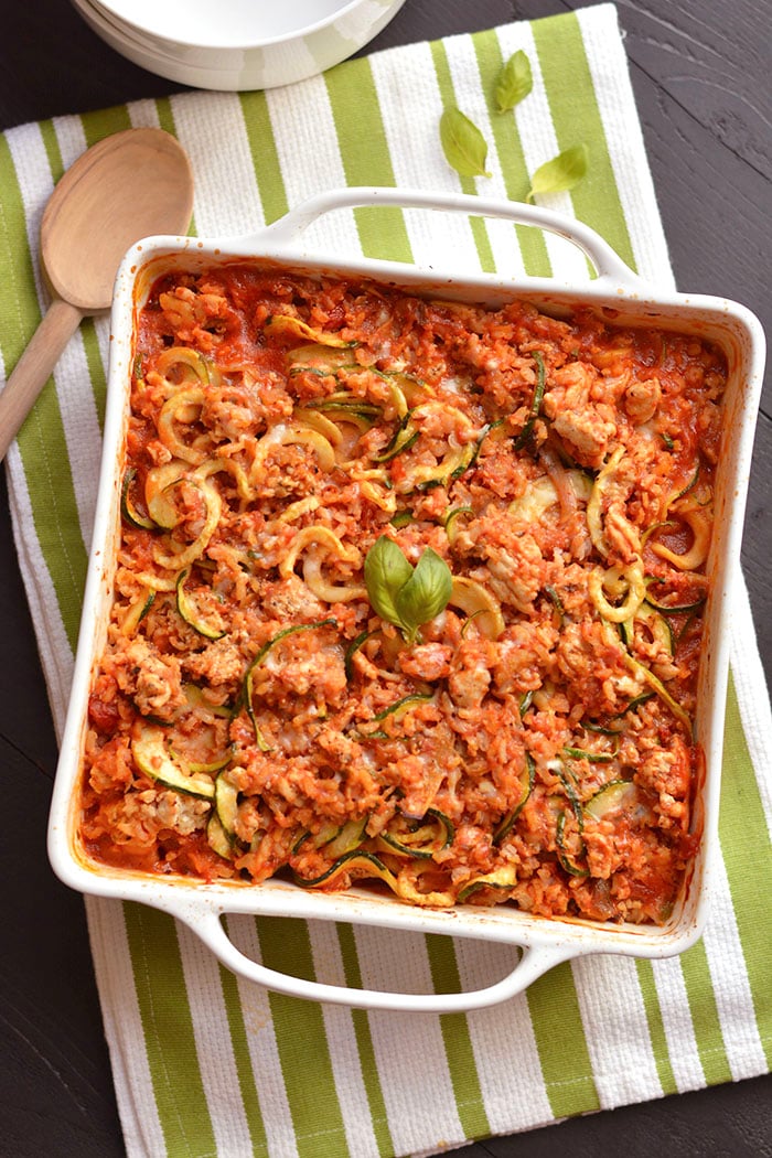 Low Calorie Italian Casserole made with zucchini, brown rice and artichokes is an easy, make ahead freezer casserole. A nourishing, healthy dinner that's filling & bursting with Italian flavorings. Gluten Free + Low Calorie