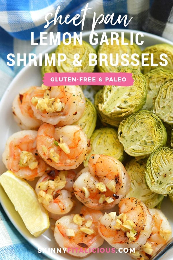 Healthy One Pan Lemon Garlic Shrimp & Brussels Sprouts! An amazing flavor combination of tender, garlicky shrimp that comes together in 20 minutes! Gluten Free + Low Calorie + Paleo