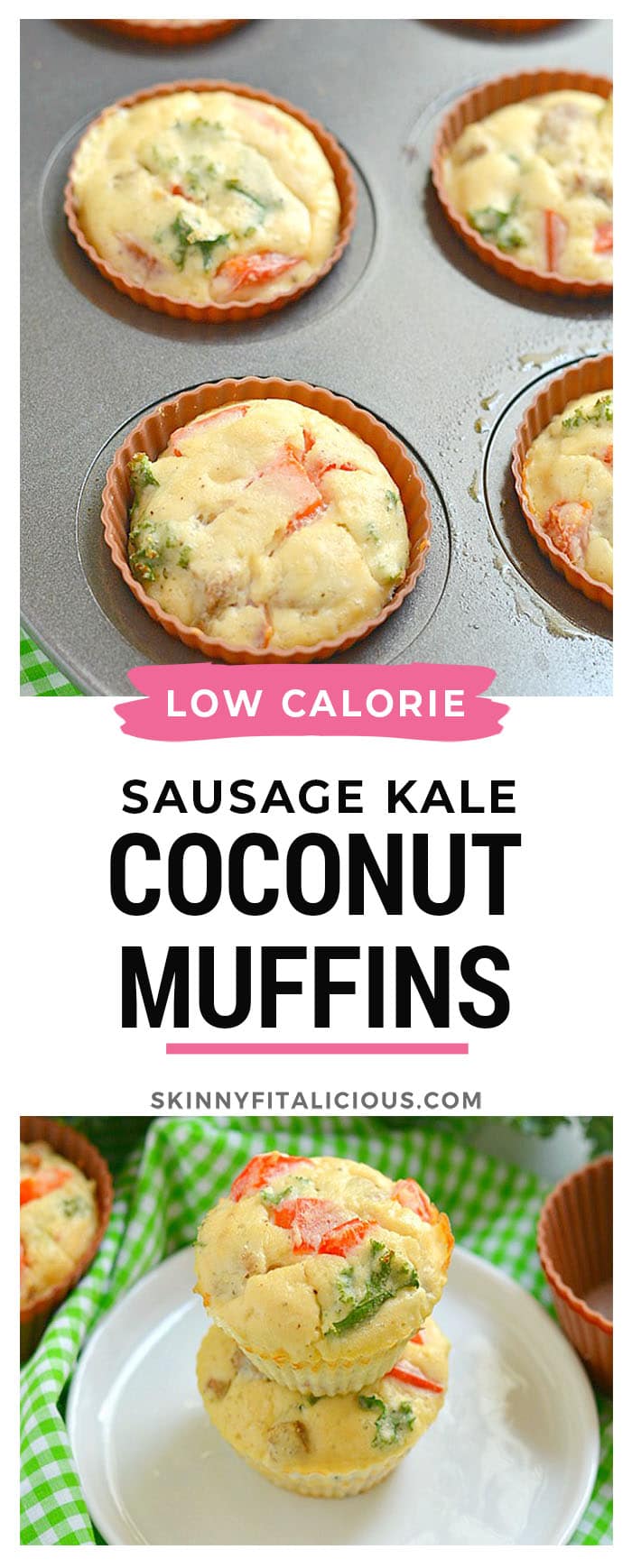 Paleo Sausage Kale Coconut Egg Muffins made with coconut flour for a rich, creamy texture. High protein, low carb breakfast muffins that are hearty, filling & taste like mini pizzas! Gluten Free + Low Calorie + Paleo