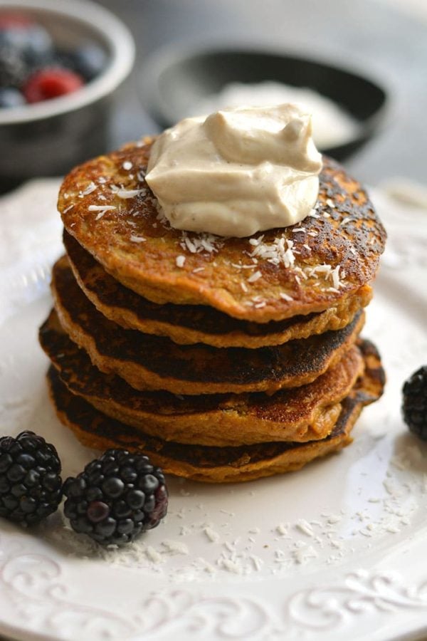 Coconut Sweet Potato Pancakes With Nut Butter Yogurt {GF, Paleo, Low