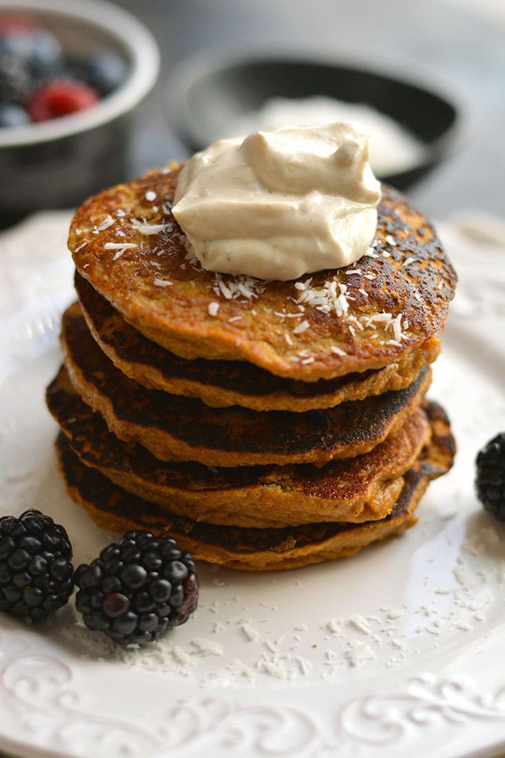 Coconut Sweet Potato Pancakes naturally sweetened with spices. A low carb, high protein breakfast made in the blender that's nutritious & delicious! Paleo + Gluten Free + Low Calorie