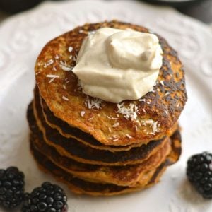 Coconut Sweet Potato Pancakes naturally sweetened with spices. A low carb, high protein breakfast made in the blender that's nutritious & delicious! Paleo + Gluten Free + Low Calorie