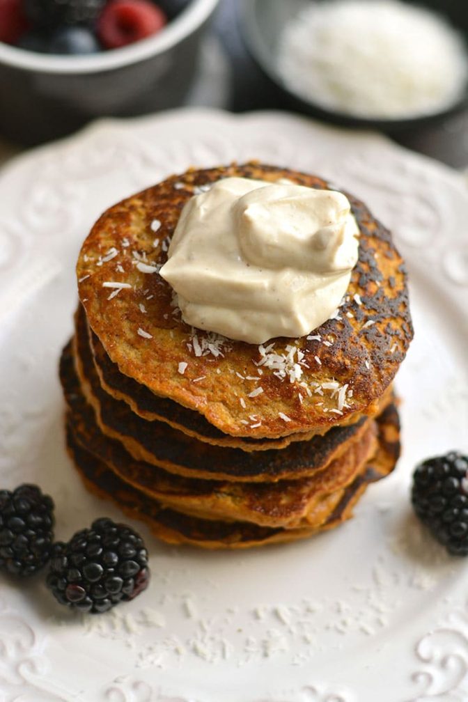 Coconut Sweet Potato Pancakes With Nut Butter Yogurt {GF, Paleo, Low