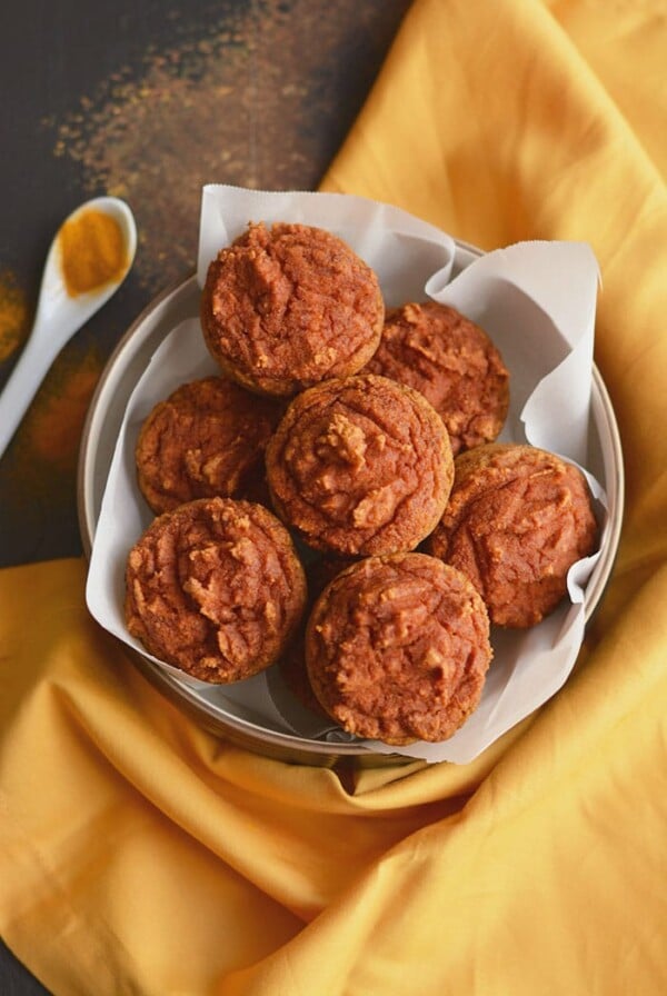 Healthy Turmeric Muffins made with golden milk! A creamy grain-free treat lightly sweetened with a subtle kick of spice! Paleo + Gluten Free + Low Calorie