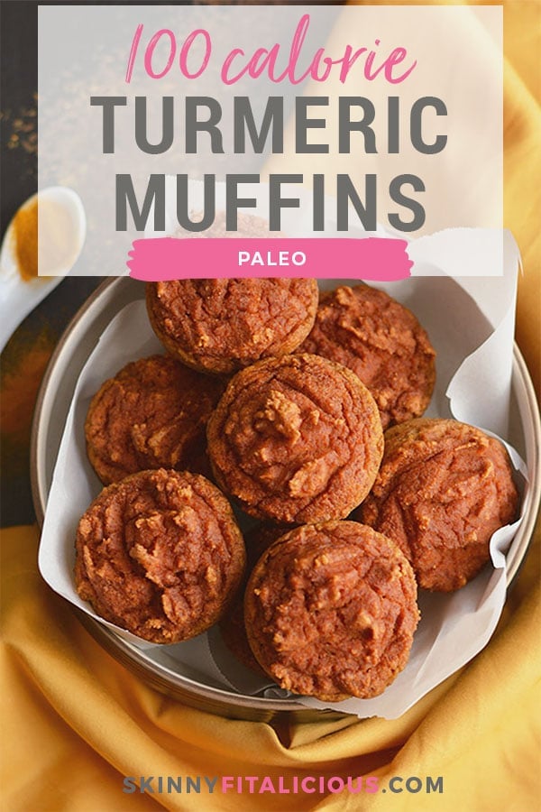 Healthy Turmeric Muffins made with golden milk! A creamy grain-free treat lightly sweetened with a subtle kick of spice and only 110 calories! Paleo + Gluten Free + Low Calorie