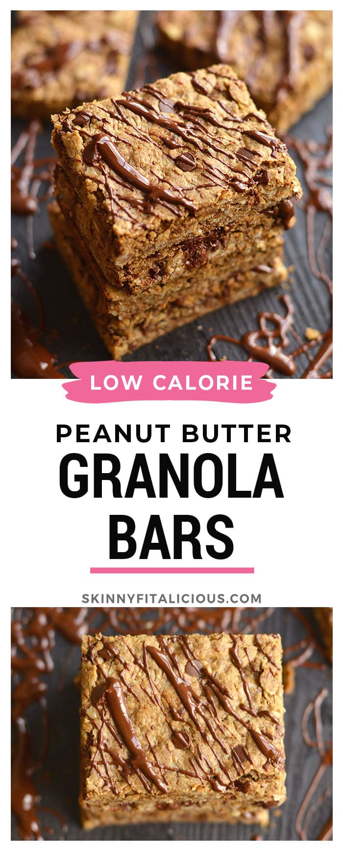 Chocolate Peanut Butter Granola Bars with protein & oats! Loaded with complex carbs, healthy fats and protein, this homemade granola bar recipe is perfect for healthy breakfast or snack! Gluten Free + Low Calorie + Vegan