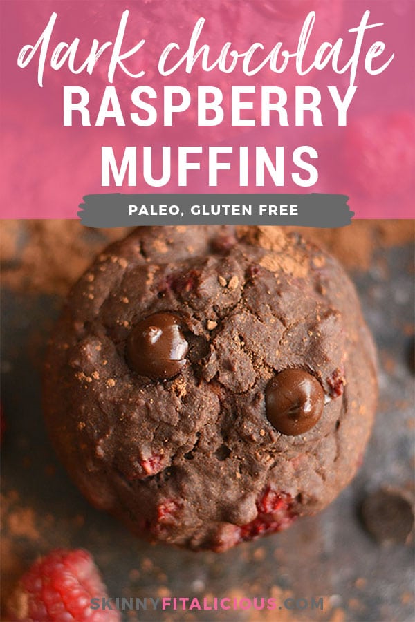 Dark Chocolate Raspberry Muffins bursting with a creamy berry center surrounded by irresistible dark chocolate! A healthier cupcake-like treat that's weight loss friendly. Gluten Free + Low Calorie + Paleo 