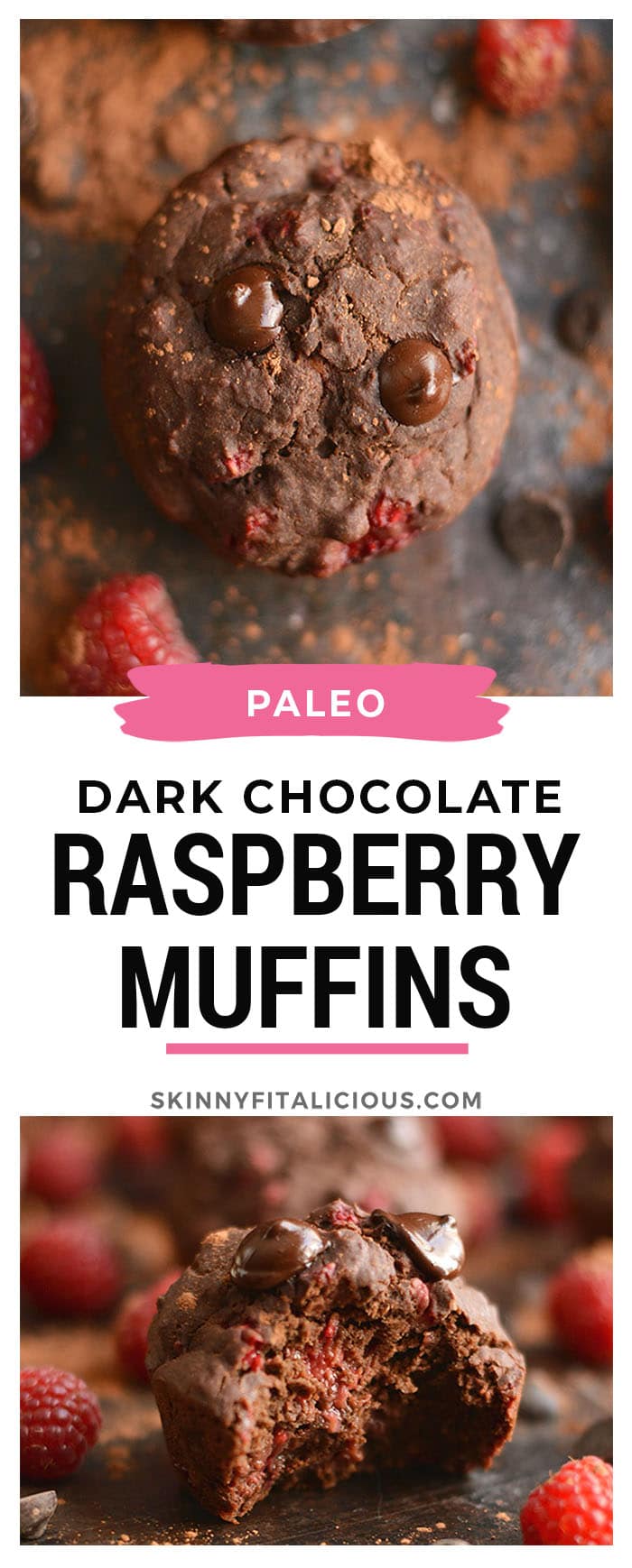 Dark Chocolate Raspberry Muffins bursting with a creamy berry center surrounded by irresistible dark chocolate! A healthier cupcake-like treat that's weight loss friendly. Gluten Free + Low Calorie + Paleo