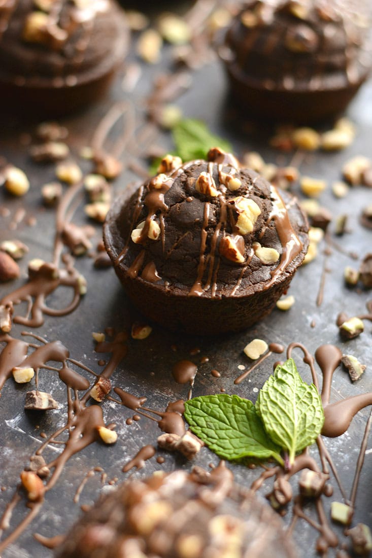 Nutty Mint Chocolate Muffins! Bursting with rich dark cocoa, mint flavor & crunchy hazelnuts, these vegan muffins make mouthwatering mini desserts. A healthy way to satisfy a sweet tooth! Gluten Free + Vegan + Low Calorie!