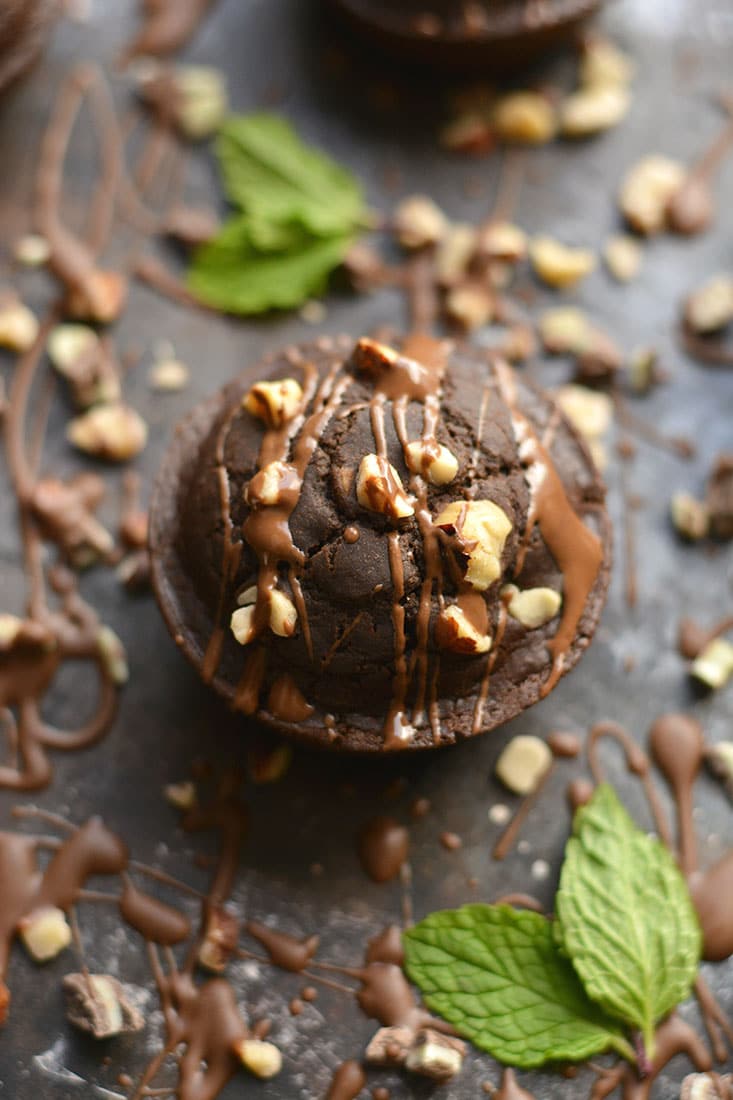 Nutty Mint Chocolate Muffins! Bursting with rich dark cocoa, mint flavor & crunchy hazelnuts, these vegan muffins make mouthwatering mini desserts. A healthy way to satisfy a sweet tooth! Gluten Free + Vegan + Low Calorie!