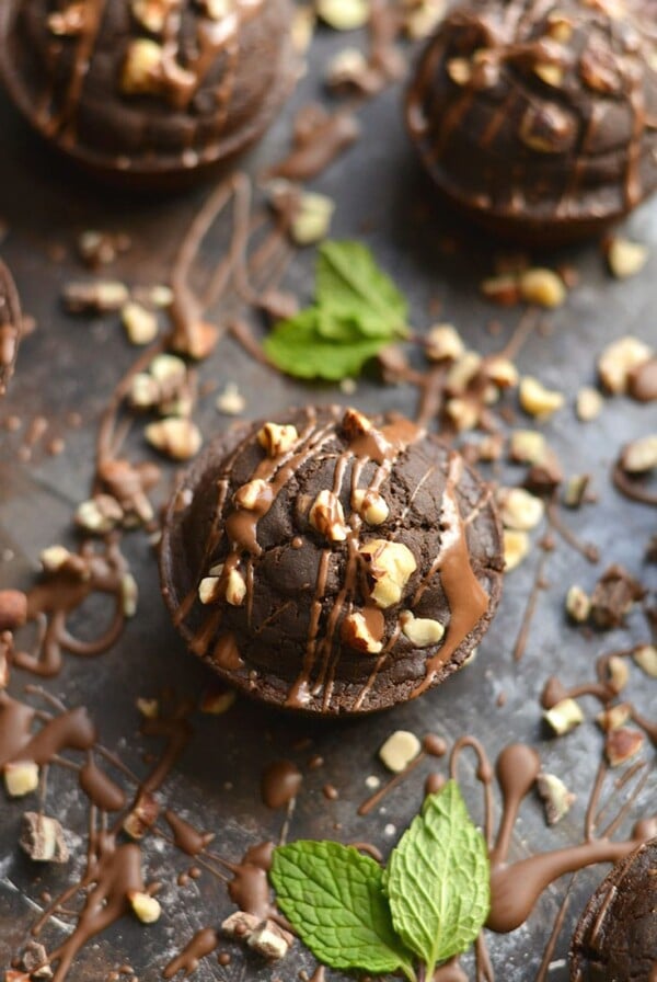Nutty Mint Chocolate Muffins! Bursting with rich dark cocoa, mint flavor & crunchy hazelnuts, these vegan muffins make mouthwatering mini desserts. A healthy way to satisfy a sweet tooth! Gluten Free + Vegan + Low Calorie!