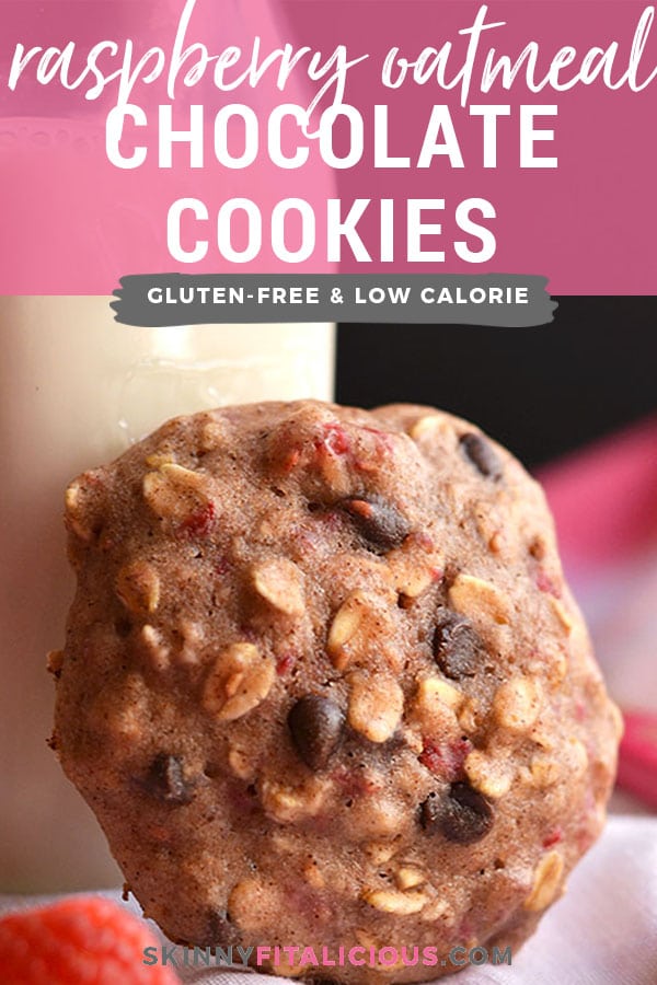 Raspberry Chocolate Oatmeal Cookies! An easy recipe for soft baked oatmeal cookies made with wholesome ingredients. Healthy enough for breakfast & sweet enough for a snack!  Gluten Free + Low Calorie