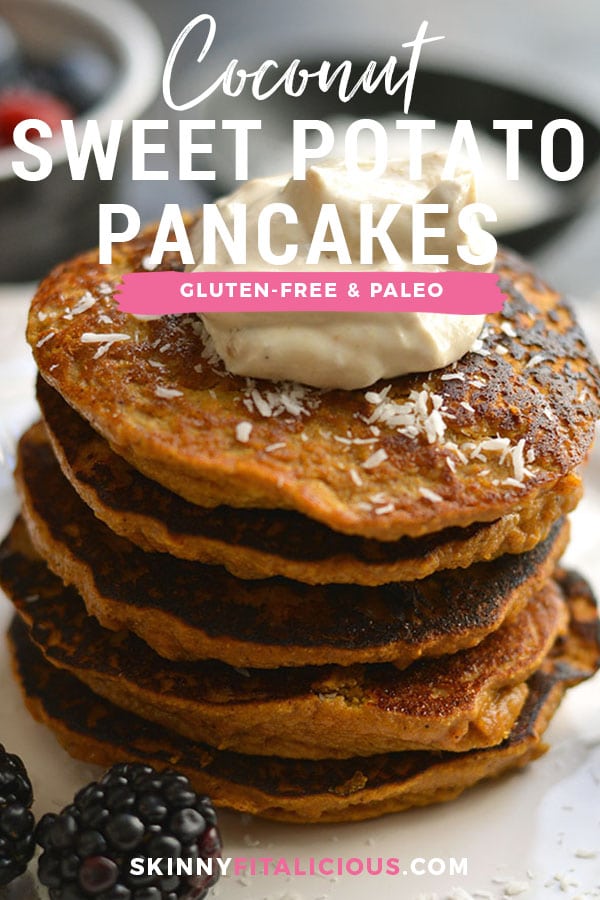 Coconut Sweet Potato Pancakes naturally sugar free sweetened with spices. A low carb, high protein breakfast made in the blender that's nutritious & delicious! Paleo + Gluten Free + Low Calorie