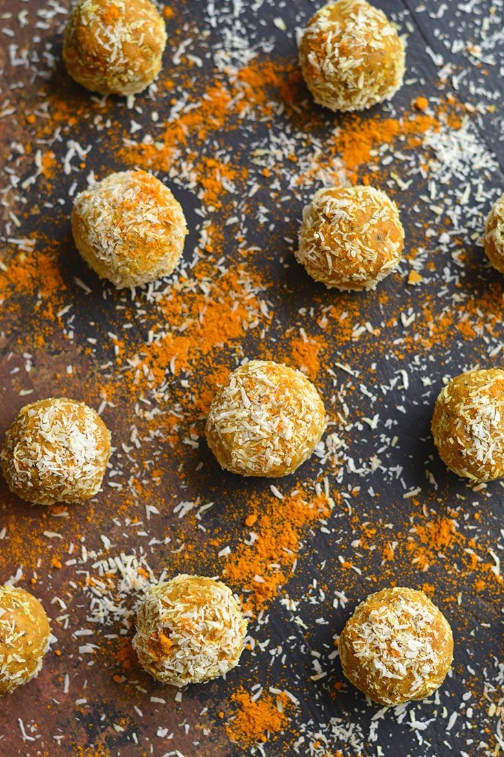 Turmeric Protein Bites made oil & sugar free! These gluten free healthy protein packed snacks have a boost of antioxidants & creamy flavor! Gluten Free + Low Calorie Weight Loss Friendly