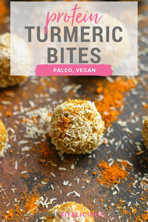 Turmeric Protein Bites made oil and sugar free! These gluten free healthy protein packed snacks have a boost of antioxidants and creamy flavor!  Gluten Free + Low Calorie + Paleo + Vegan + Low Carb