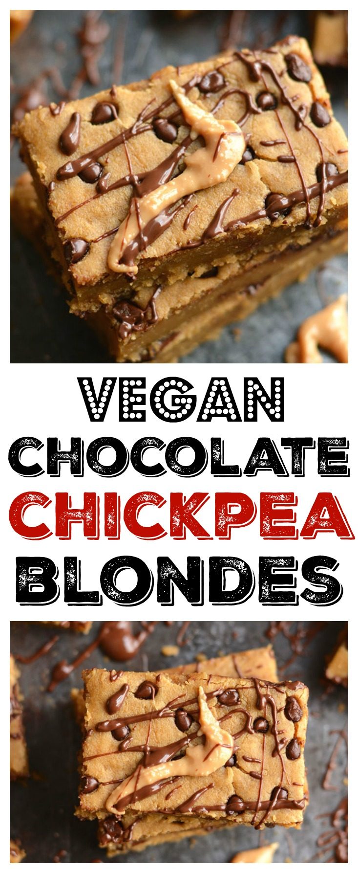 Vegan Chocolate Chip Chickpea Blondies! Sink your teeth into these good for you, decadent, gooey, protein packed, chocolatey treats. Vegan + Gluten Free + Low Calorie