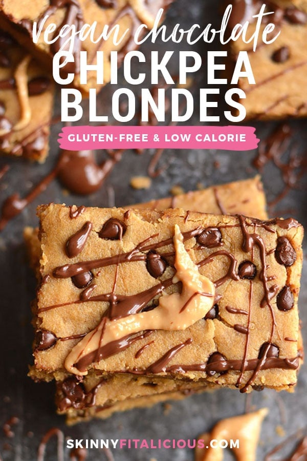 Vegan Chocolate Chip Chickpea Blondies! Sink your teeth into these good for you, decadent, gooey, protein packed, chocolatey treats. Vegan + Gluten Free + Low Calorie