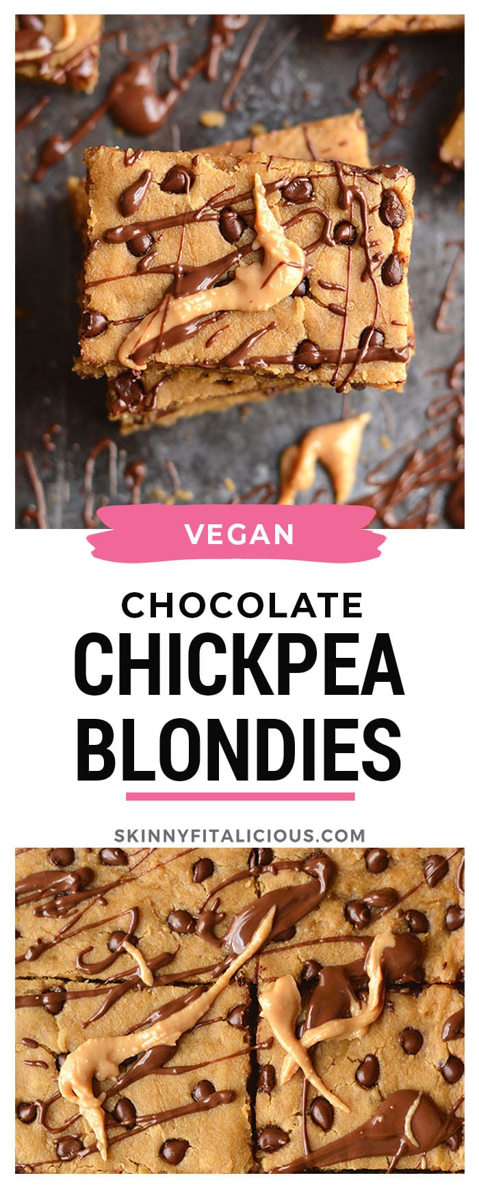 Vegan Chocolate Chip Chickpea Blondies! Sink your teeth into these good for you, decadent, gooey, protein packed, chocolatey treats. Vegan + Gluten Free + Low Calorie