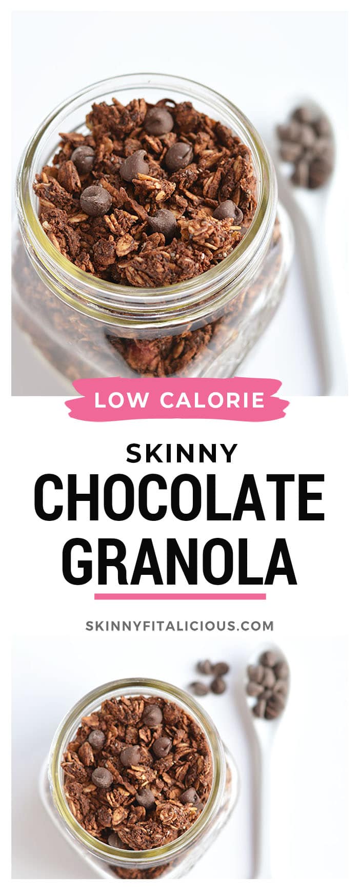 Skinny Chocolate Granola with chia seeds! A crunchy breakfast or snack to satisfy you when a chocolate craving hits! Gluten Free + Low Calorie + Vegan