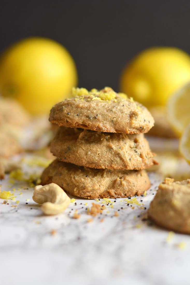 Lemon Poppy Seed Cashew Cookies! Made flourless with nut butter & only 4 ingredients, these bursting with citrus goodies are sure to brighten any day! Paleo + Vegan + Gluten Free + Low Calorie