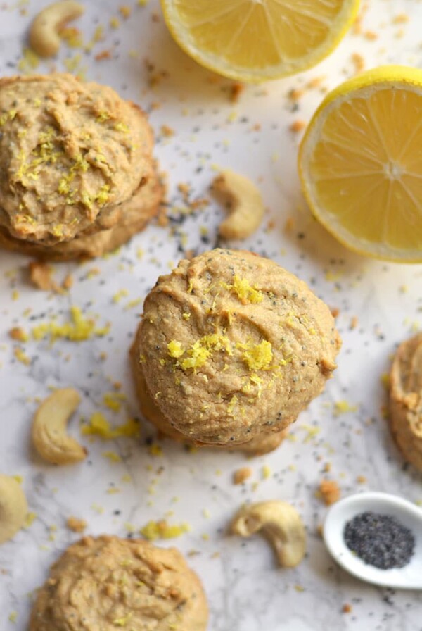 Lemon Poppy Seed Cashew Cookies! Made flourless with nut butter & only 4 ingredients, these bursting with citrus goodies are sure to brighten any day! Paleo + Vegan + Gluten Free + Low Calorie