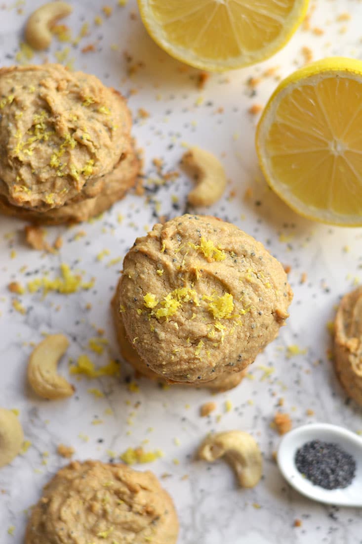 Lemon Poppy Seed Cashew Cookies! Made flourless with nut butter & only 4 ingredients, these bursting with citrus goodies are sure to brighten any day! Paleo + Vegan + Gluten Free + Low Calorie