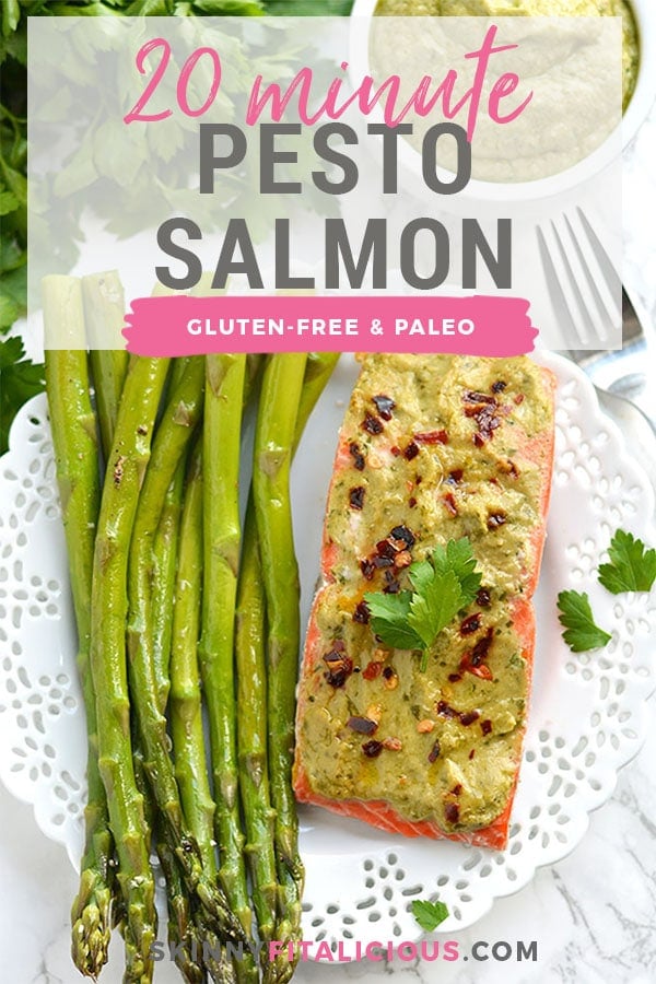 20 Minute Baked Pesto Salmon. Steamed in foil packs, this Paleo, low calorie, gluten free meal is a healthy twist on a dinner favorite! Gluten Free + Low Calorie + Paleo