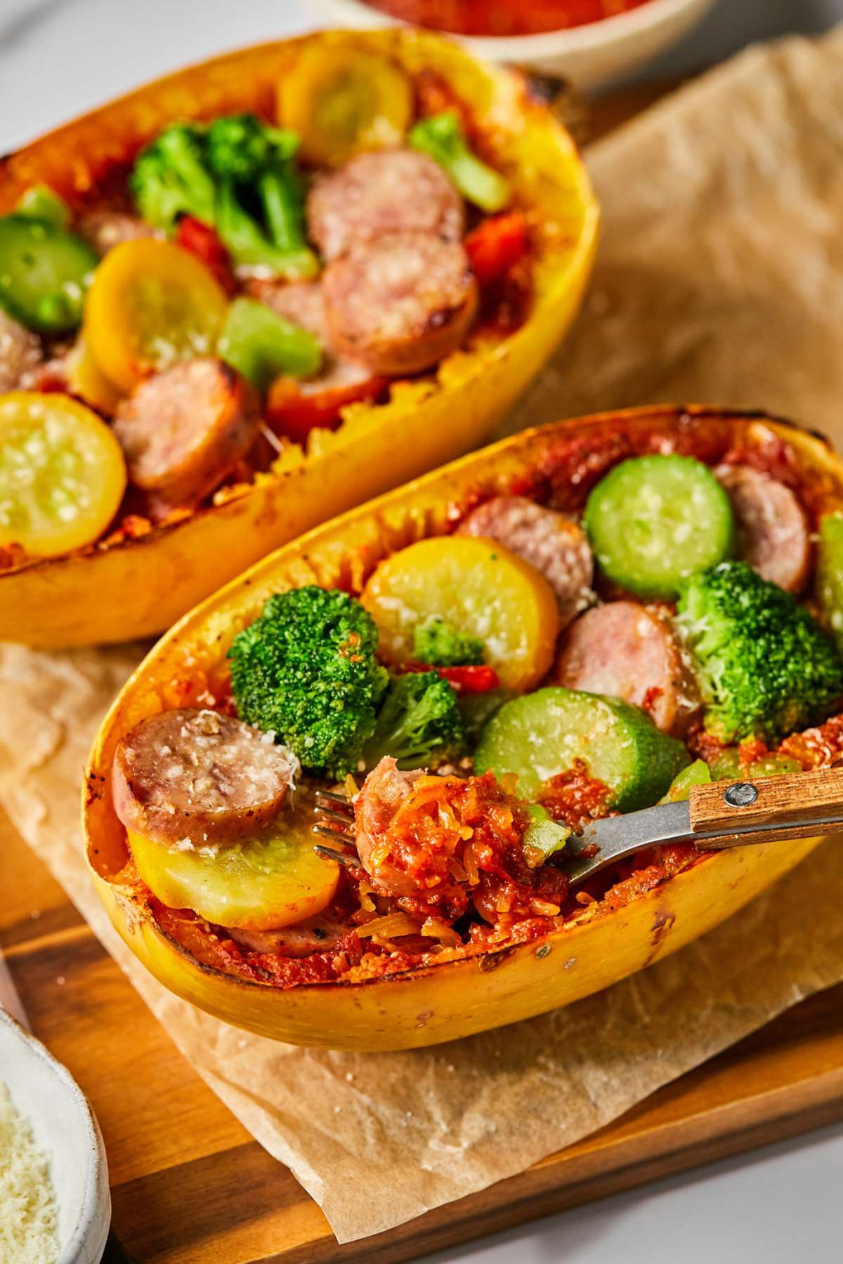 A spaghetti squash pizza served in the skin topped with vegetables and sausage.