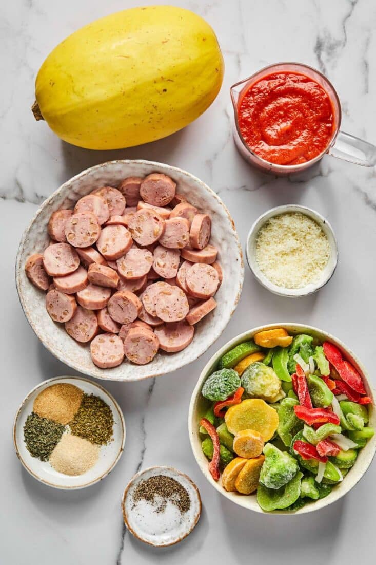 Ingredients to make pizza boats on the counter before preparing.