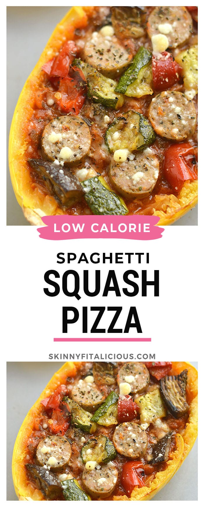 Spaghetti Squash Pizza! Customize with your favorite pizza toppings for an easy to make meal that's low carb, filling and delicious! Gluten Free + Low Calorie